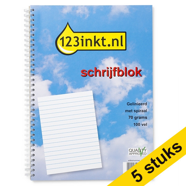 123ink A4 lined spiral writing pad, 70g, 100 sheets (5 x 5-pack)  300570 - 1