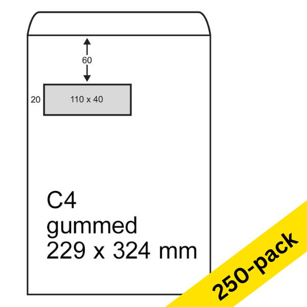 123ink C4 white gummed document envelope with window on left, 229mm x 324mm (250-pack) 300945 - 1