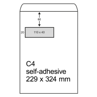 123ink C4 white self-adhesive document envelope with left window, 229mm x 324mm (250-pack) 123-303590 209080 303590C 300947