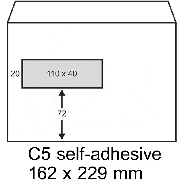 123ink C5 white self-adhesive service envelope with window on left, 162mm x 229mm (500-pack) 300930 - 1