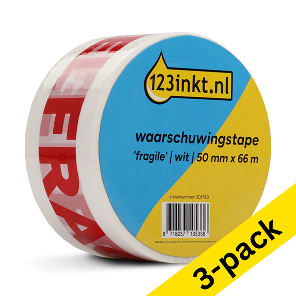 123ink 'Fragile' white warning tape, 50mm x 66m (3-pack)  301984 - 1