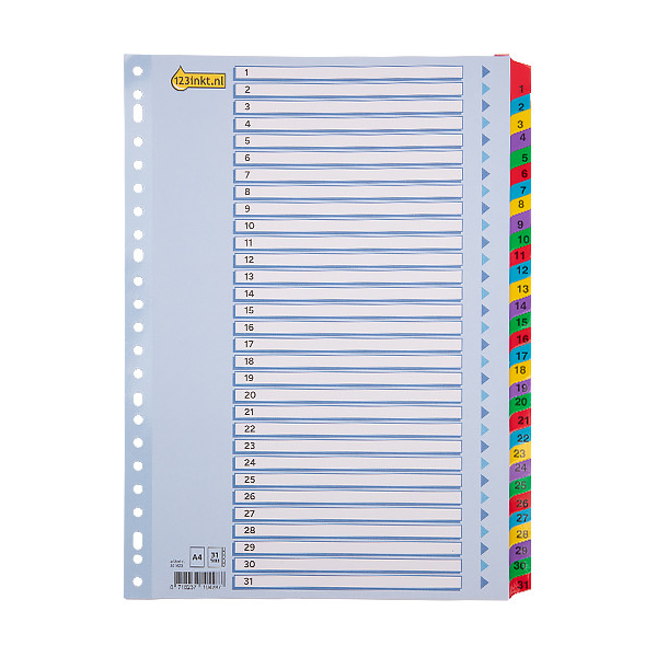 123ink coloured A4 cardboard indexes with 1-31 (23 holes) 301623 - 1