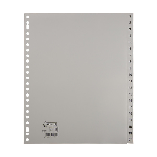 123ink grey A4+ extra wide plastic tabs with indexes 1-20 (23 holes) G420CM-BC 301539 - 1