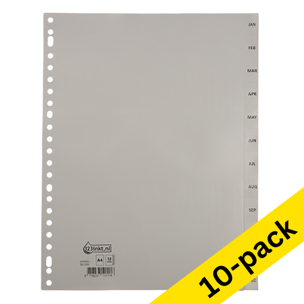 123ink grey A4 plastic tabs with 12 month indexes (23 holes) (10-pack)  301885 - 1