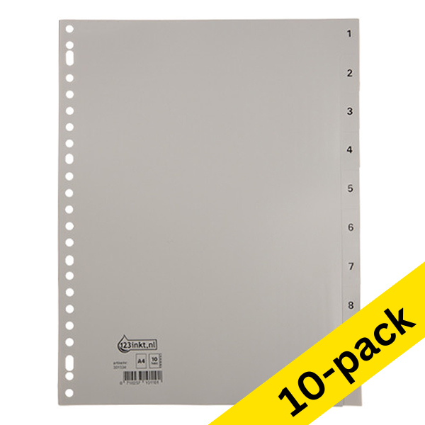 123ink grey A4 plastic tabs with indexes 1-10 (23 holes) (10-pack)  301884 - 1