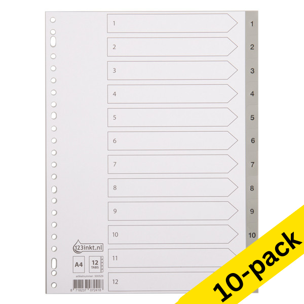 123ink grey A4 plastic tabs with indexes 1-12 (23 holes) (10-pack)  300585 - 1