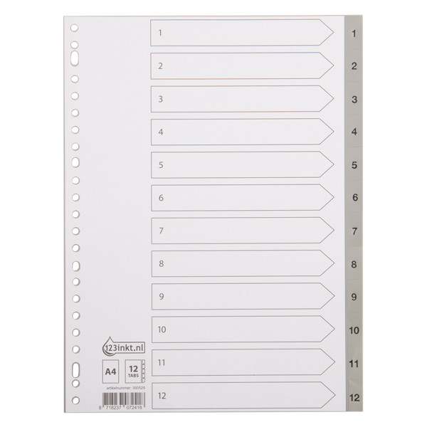123ink grey A4 plastic tabs with indexes 1-12 (23 holes) 100106C 300529 - 1