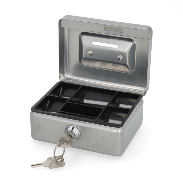 123ink silver steel cash box with coin slot, 12.5cm x 9.5cm x 6cm 302938 - 2