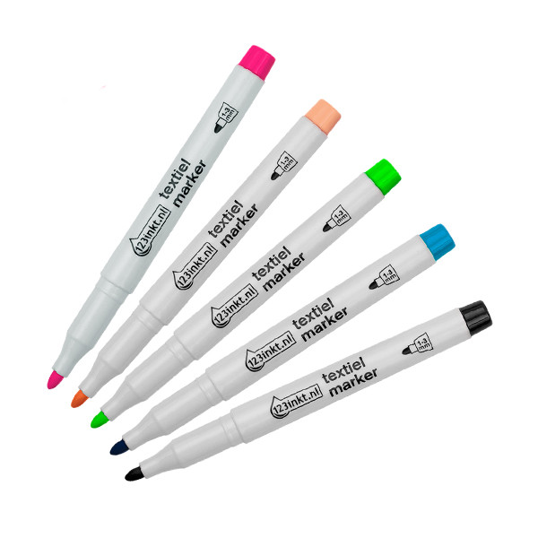 123ink textile marker (black/pastel blue/pastel green/pastel orange/fuchsia) (5-pack)  302723 - 1