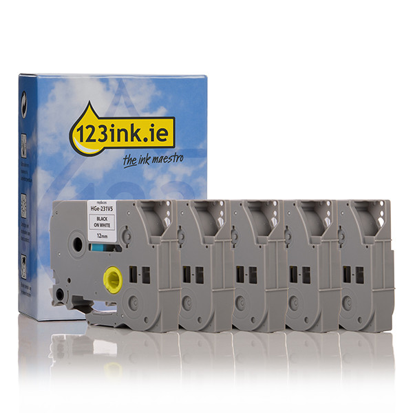 123ink version replaces Brother HGe-251V5 high-resolution black on white tape 24mm, 5-pack HGe251V5C 080915 - 1