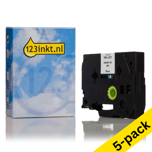 123ink version replaces Brother HSe-221 black on white heat-shrink tape, 9mm (5-pack)  650665 - 1