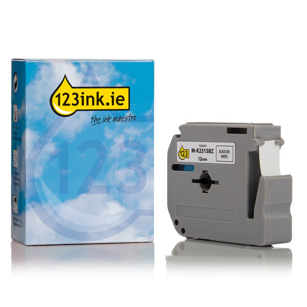 123ink version replaces Brother M-K231SBZ starter non-laminated black on white tape, 12mm M-K231SBZC 080587 - 1