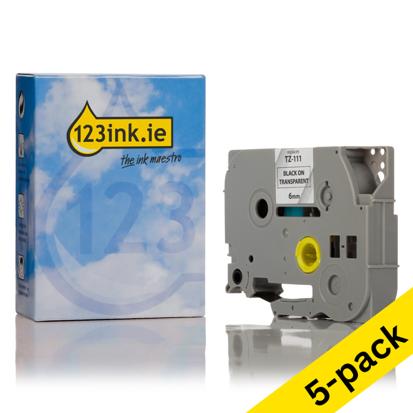 123ink version replaces Brother TZe-111 black on transparent tape, 6mm | 5-pack 650634 - 1