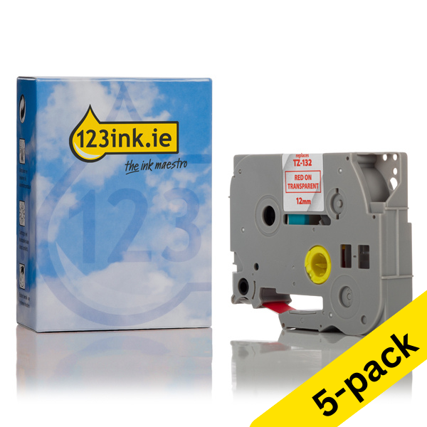 123ink version replaces Brother TZe-132 red on transparent tape, 12mm | 5-pack 650685 - 1