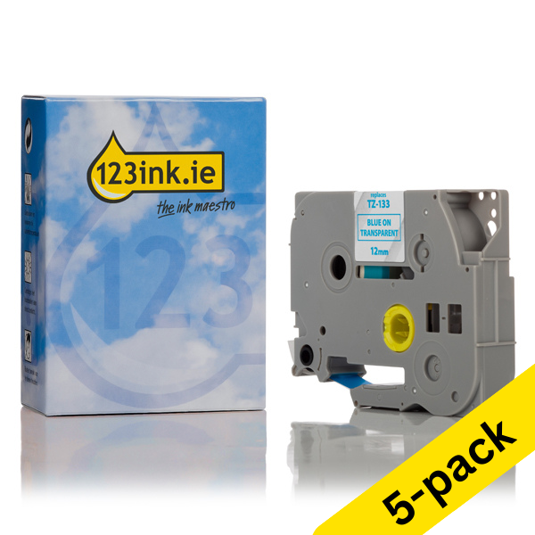 123ink version replaces Brother TZe-133 blue on transparent tape, 12mm | 5-pack 650708 - 1