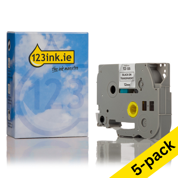 123ink version replaces Brother TZe-135 white on transparent tape, 12mm (5-pack) TZe135C 650630 - 1