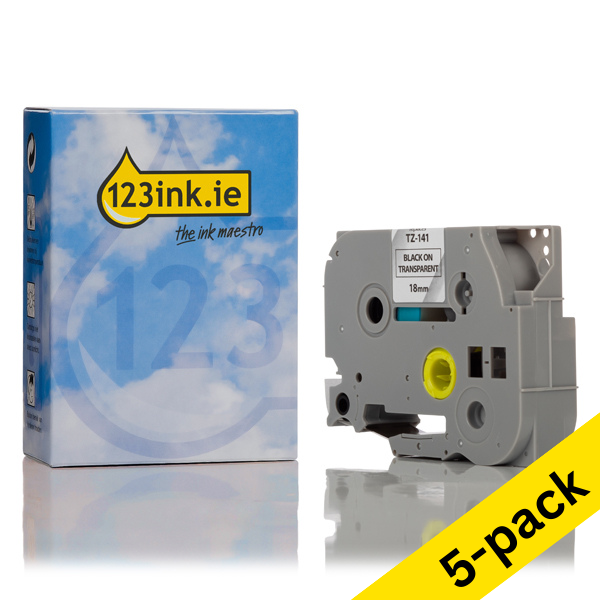 123ink version replaces Brother TZe-141 black on transparent tape, 18mm | 5-pack 650624 - 1