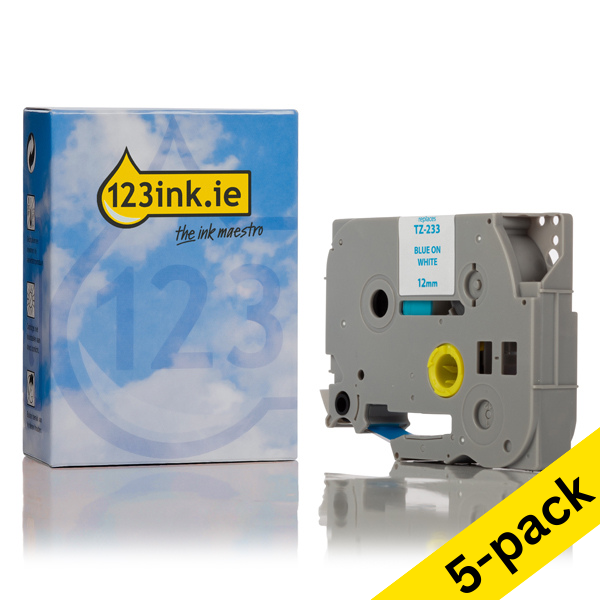 123ink version replaces Brother TZe-233 blue on white tape, 12mm (5-pack) TZe233C 650640 - 1