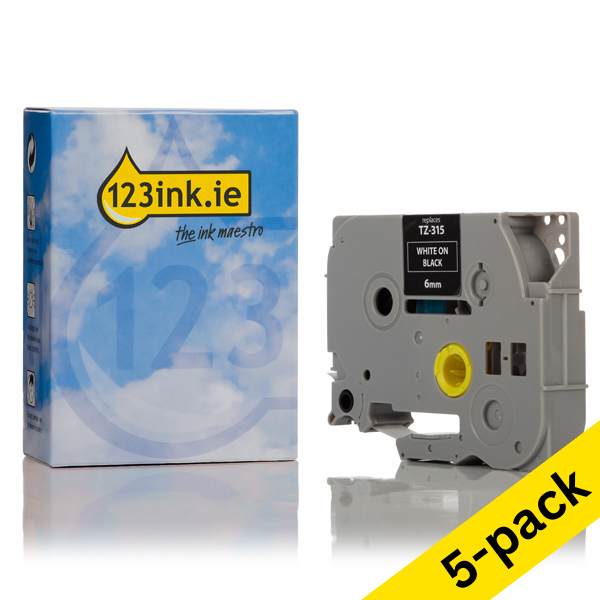 123ink version replaces Brother TZe-315 white on black tape, 6mm | 5-pack 650637 - 1