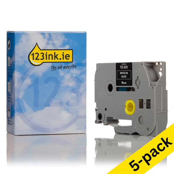 123ink version replaces Brother TZe-325 white on black tape, 9mm | 5-pack 650631 - 1