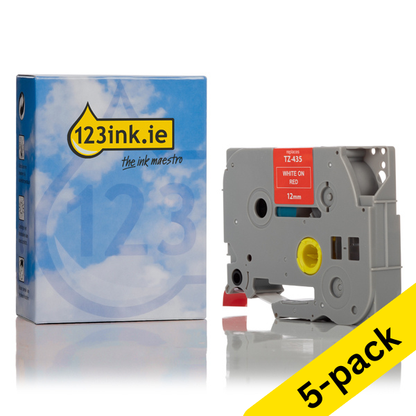 123ink version replaces Brother TZe-435 white on red tape, 12mm | 5-pack 650698 - 1