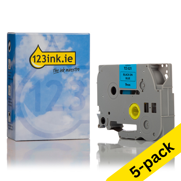 123ink version replaces Brother TZe-521 black on blue tape, 9mm | 5-pack 650703 - 1