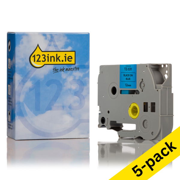 123ink version replaces Brother TZe-531 black on blue tape, 12mm | 5-pack 650660 - 1