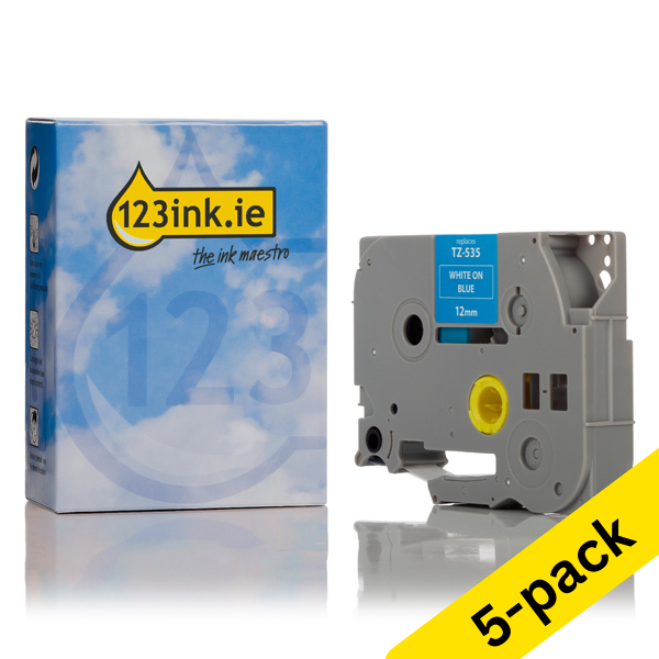 123ink version replaces Brother TZe-535 white on blue tape, 12mm (5-pack) TZe535C 650690 - 1