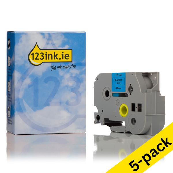 123ink version replaces Brother TZe-551 black on blue tape, 24mm | 5-pack 650671 - 1
