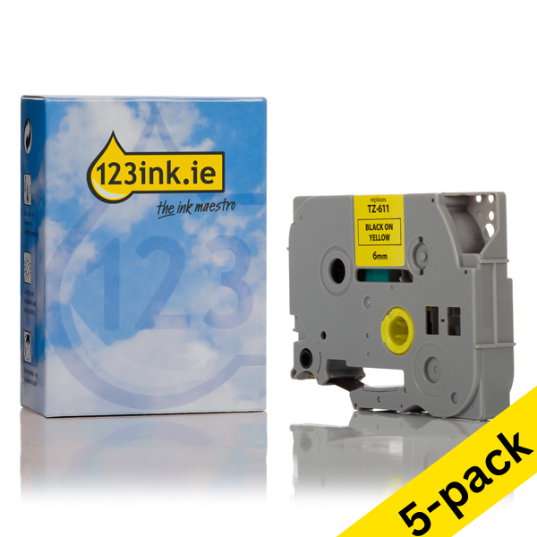 123ink version replaces Brother TZe-611 black on yellow tape, 6mm | 5-pack 650649 - 1