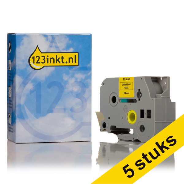 123ink version replaces Brother TZe-651 black on yellow tape, 24mm (5-pack) TZe651C 650789 - 1