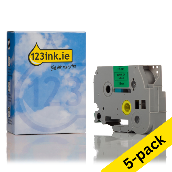 123ink version replaces Brother TZe-741 black on green tape, 18mm | 5-pack 650704 - 1