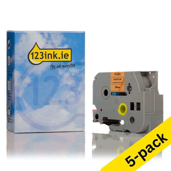 123ink version replaces Brother TZe-B51 black on fluorescent orange tape, 24mm (5-pack) TZeB51C 650683 - 1
