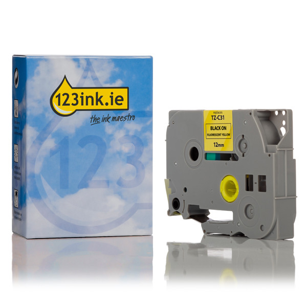 123ink version replaces Brother TZe-C31 black on fluorescent yellow tape, 12mm TZeC31C 080653 - 1