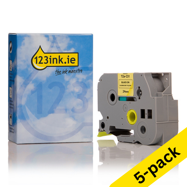 123ink version replaces Brother TZe-C51 black on fluorescent yellow tape, 24mm | 5-pack 650706 - 1
