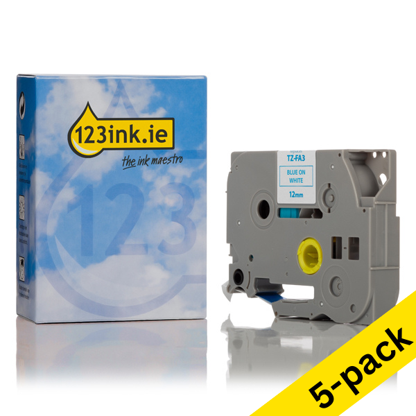 123ink version replaces Brother TZe-FA3 blue on white iron-on tape, 12mm (5-pack)  650644 - 1