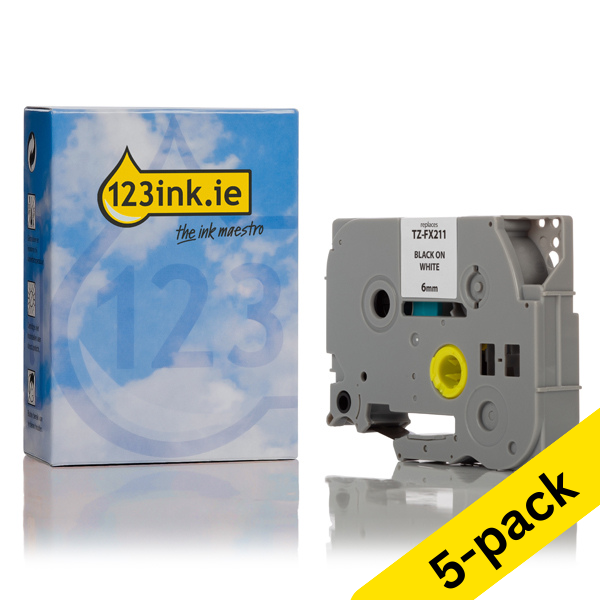 123ink version replaces Brother TZe-FX211 Flexi ID black on white tape, 6mm | 5-pack 650697 - 1