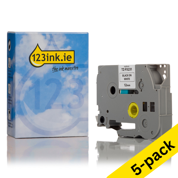 123ink version replaces Brother TZe-FX231 Flexi ID black on white tape, 12mm | 5-pack 650629 - 1