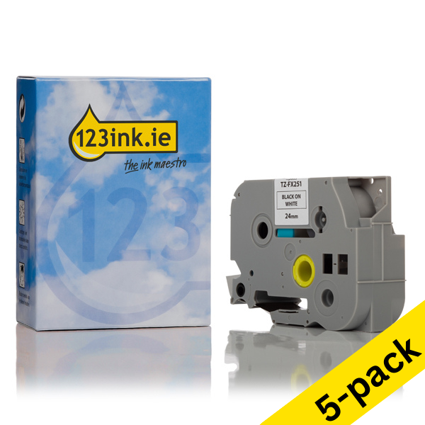 123ink version replaces Brother TZe-FX251 Flexi ID black on white tape, 24mm | 5-pack 650676 - 1