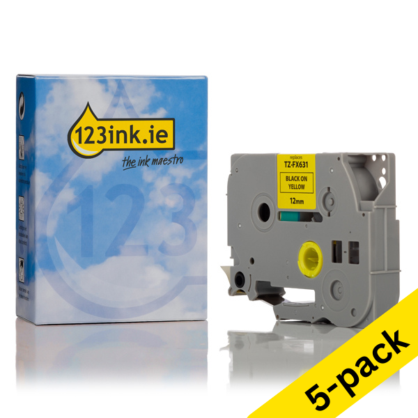 123ink version replaces Brother TZe-FX631 Flexi ID black on yellow tape, 12mm (5-pack) TZeFX631C 650669 - 1