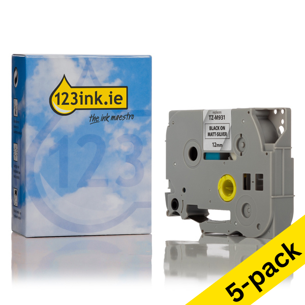 123ink version replaces Brother TZe-M931 black on matte silver tape, 12mm (5-pack) TZeM931C 650666 - 1