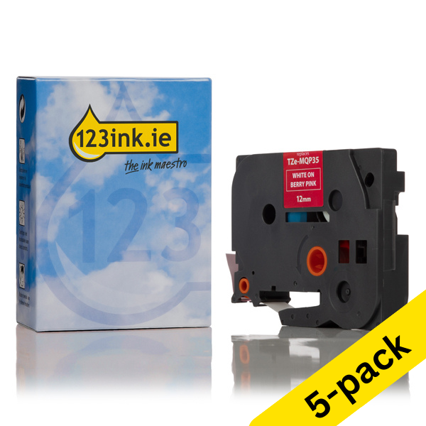 123ink version replaces Brother TZe-MQP35 white on berry pink tape, 12mm | 5-pack 650696 - 1