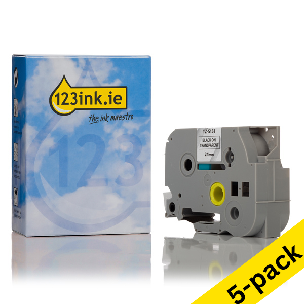 123ink version replaces Brother TZe-S151 extra adhesive black on transparent tape, 24mm | 5-pack 650668 - 1