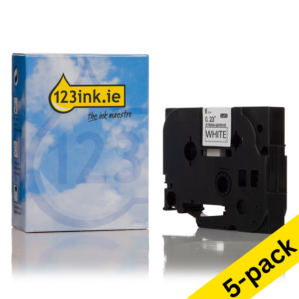 123ink version replaces Brother TZe-S211 extra adhesive black on white tape, 6mm (5-pack) TZeS211C 650643 - 1
