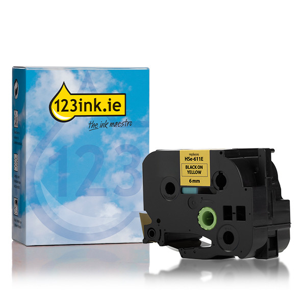123ink version replaces Brother HSe-611E black on yellow heat shrink tape, 6mm 350637 - 1