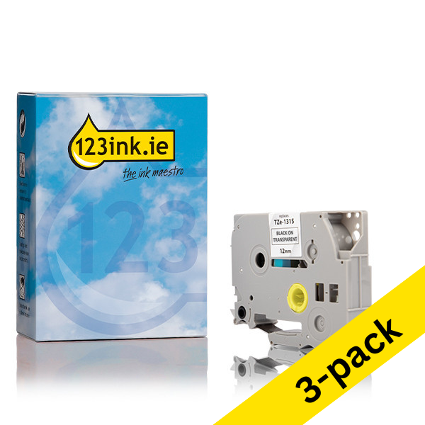 123ink version replaces Brother TZe-131S black on transparent tape, 12mm | 3-pack 080990 - 1