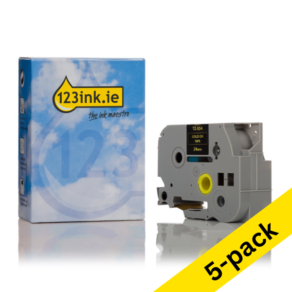 123ink version replaces Brother TZe-354 gold on black tape, 24mm | 5-pack 650852 - 1