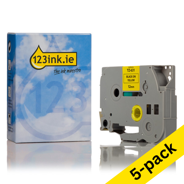 123ink version replaces Brother TZe-631 black on yellow tape, 12mm | 5-pack 653077 - 1