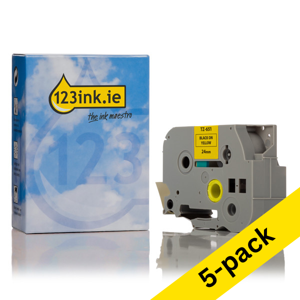 123ink version replaces Brother TZe-651 black on yellow tape, 24mm | 5-pack 653079 - 1