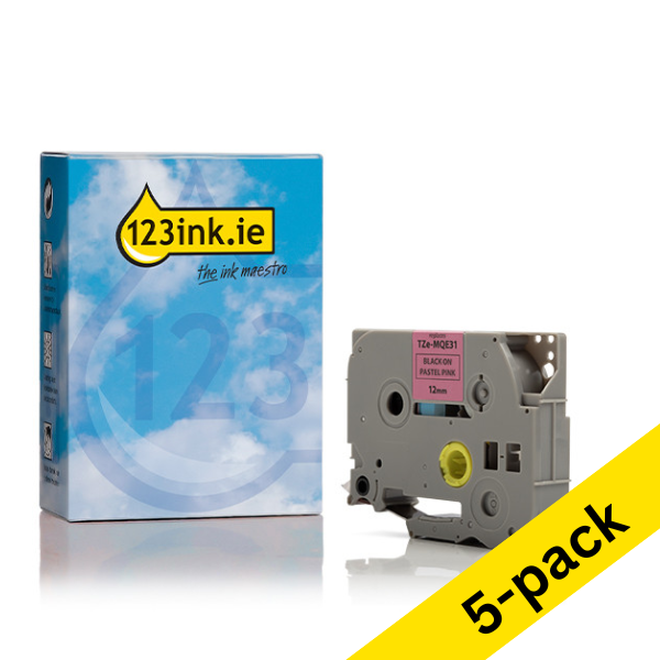 123ink version replaces Brother TZe-MQE31 black on pastel pink tape, 12mm | 5-pack 650860 - 1